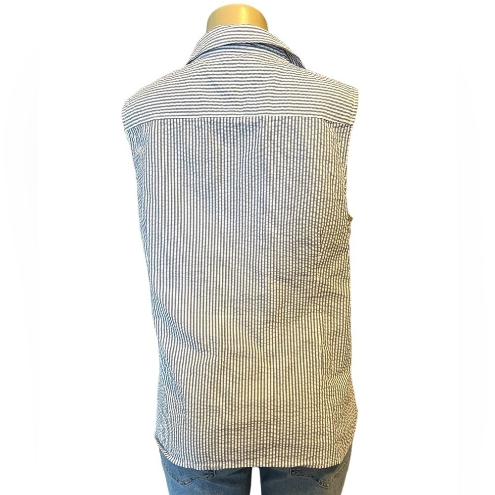 Tommy Hilfiger Seersucker Blue and White Striped Button Down Sleeveless Top - Picture 6 of 13